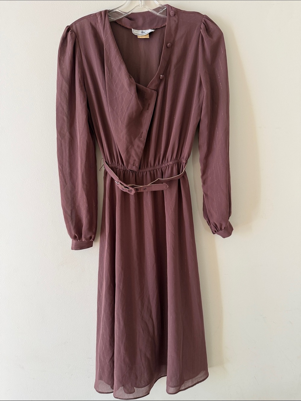 Vintage! Long-Sleeve Dusty Mauve Midi Dress with Original Belt!